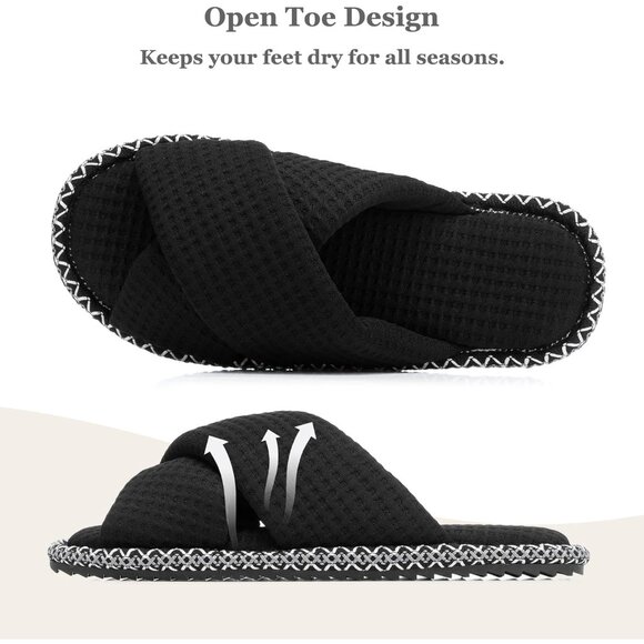 ⚡Women Boho Waffle Black Cotton Memory Foam Bedroom Corduroy Open Toe Shoes - Picture 6 of 6